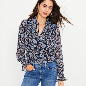 Ann Taylor LOFT Floral Smocked Ruffle Tie Neck Blouse